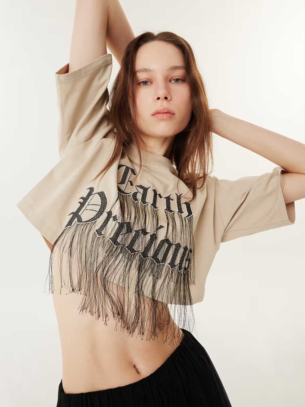 Turkish Brand Twist high quality cotton Beige Graphic Fringe Cropped Tee - Women